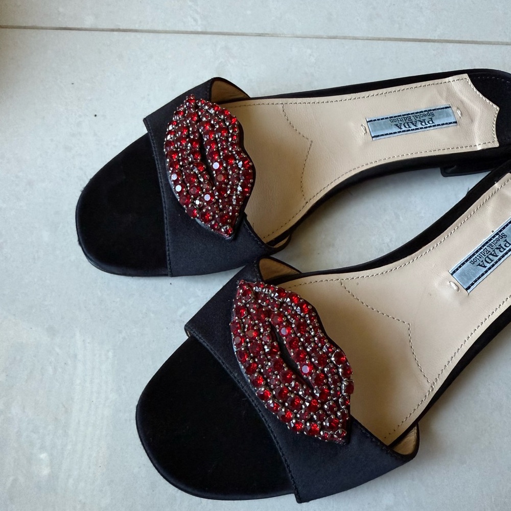 Prada Black Slide Mules with Red Crystal Lip Appliqué Sandals w/ Gucci Dustbag